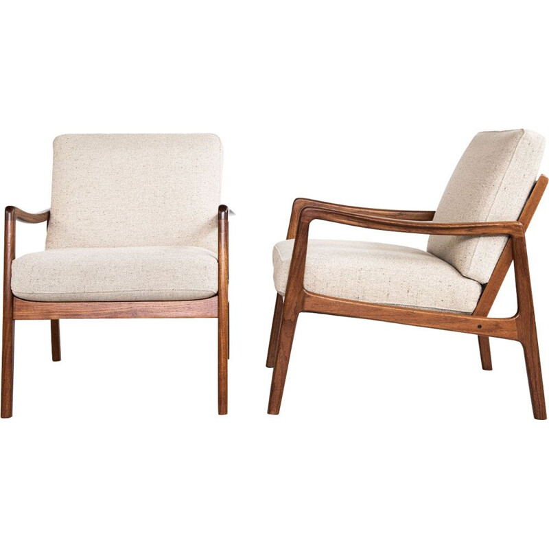 Pair of vintage scandinavian armchairs for France & Søn in teak and beige fabric 1960s