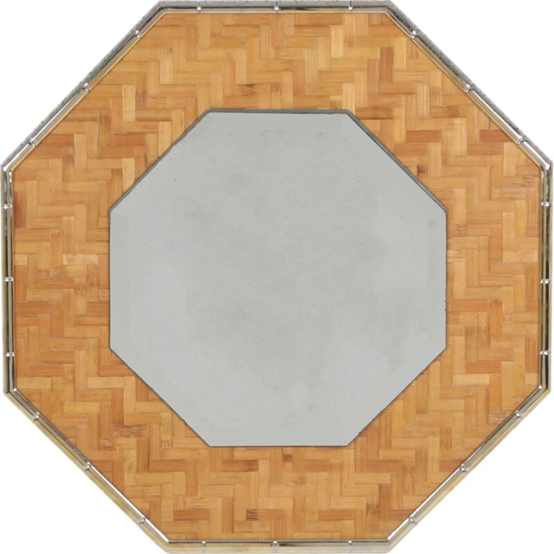 Espejo octogonal vintage de latón y bambú