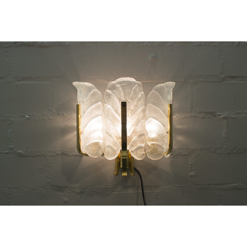 Vintage glass leaves and brass wall lamp by Carl Fagerlund for Orrefors