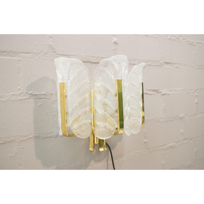 Vintage glass leaves and brass wall lamp by Carl Fagerlund for Orrefors