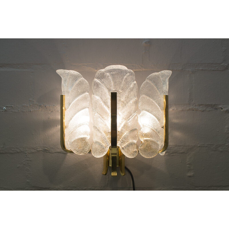 Vintage glass leaves and brass wall lamp by Carl Fagerlund for Orrefors