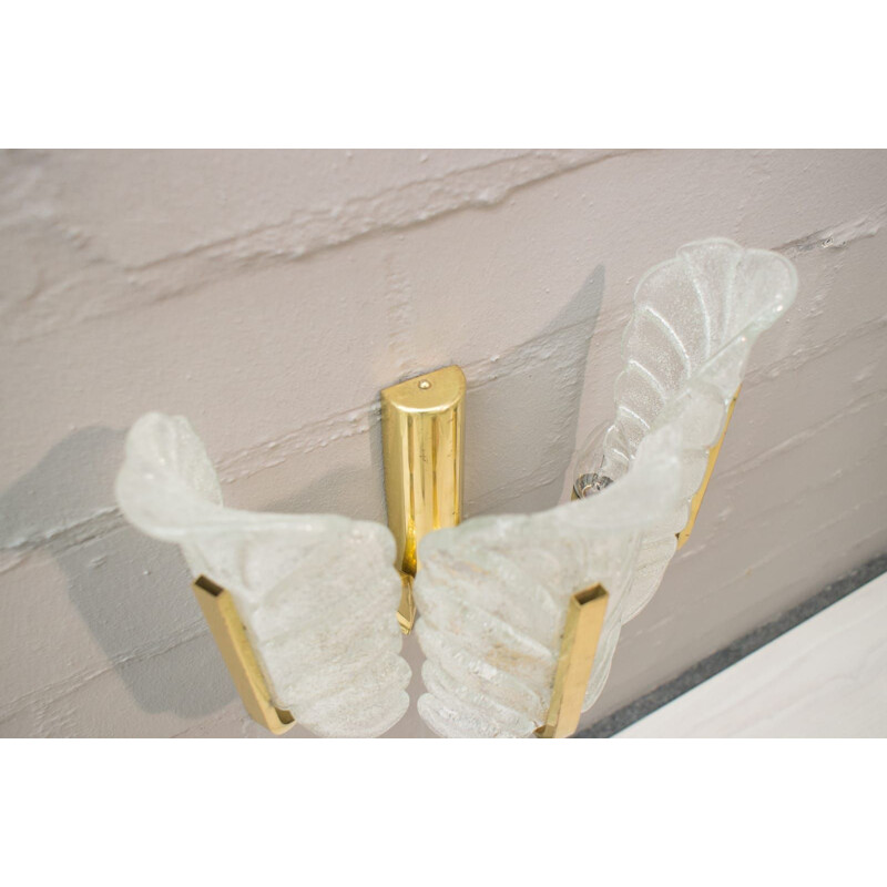 Vintage glass leaves and brass wall lamp by Carl Fagerlund for Orrefors