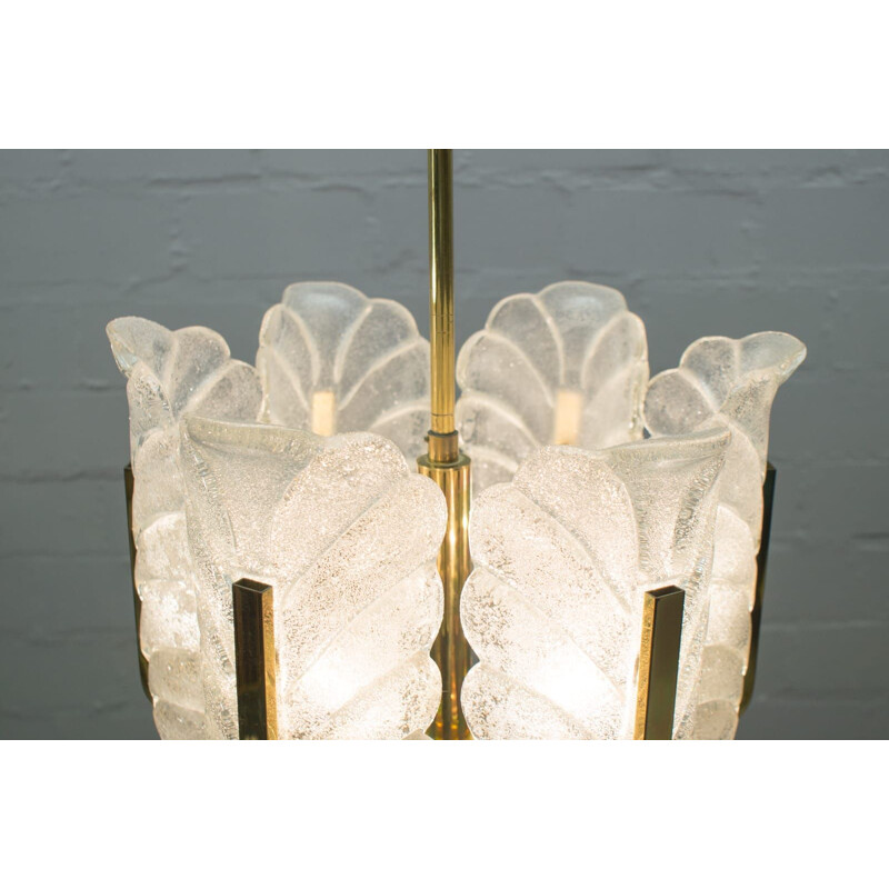 Vintage glass leaves and brass chandelier by Carl Fagerlund for Orrefors