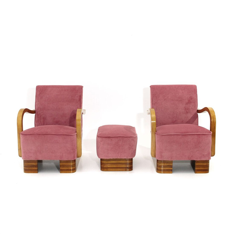 Pair of vintage pink velvet italian armchairs and pouf,1940