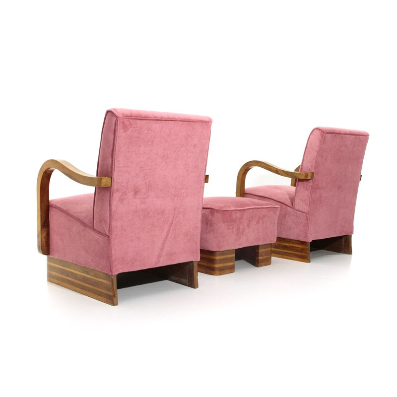 Pair of vintage pink velvet italian armchairs and pouf,1940