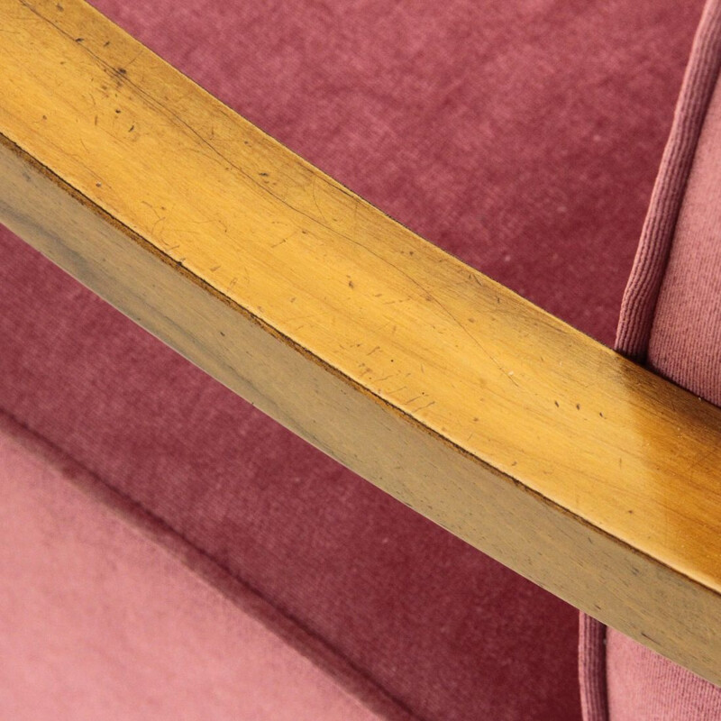 Pair of vintage pink velvet italian armchairs and pouf,1940