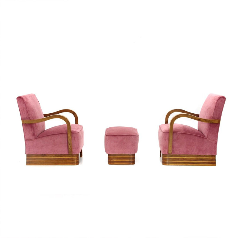 Pair of vintage pink velvet italian armchairs and pouf,1940