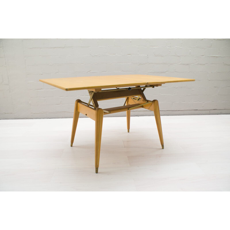 Vintage height-adjustable table in wood and brass 1950s