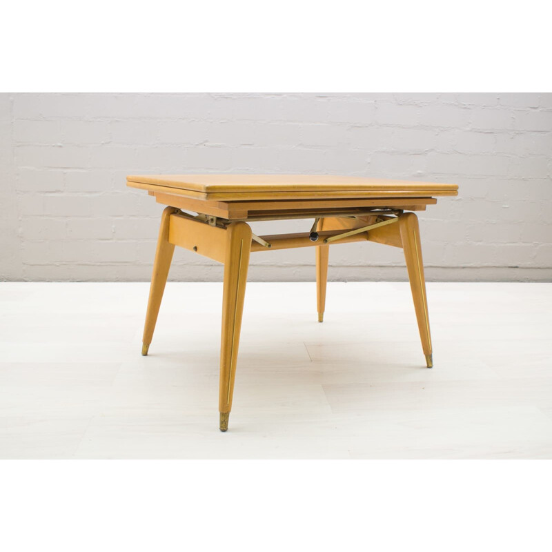 Vintage height-adjustable table in wood and brass 1950s