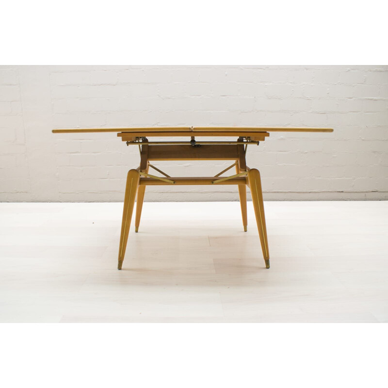 Table à hauteur ajustée vintage en bois et laiton des années 1950