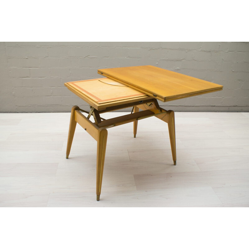 Vintage height-adjustable table in wood and brass 1950s