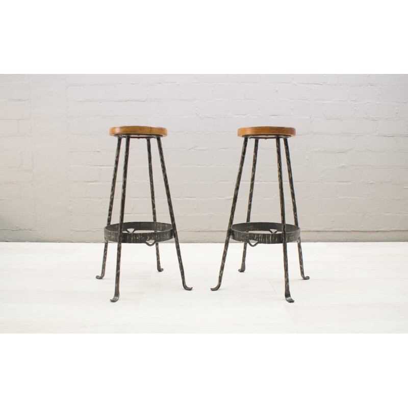 Pair of vintage wood and iron stools, 1960
