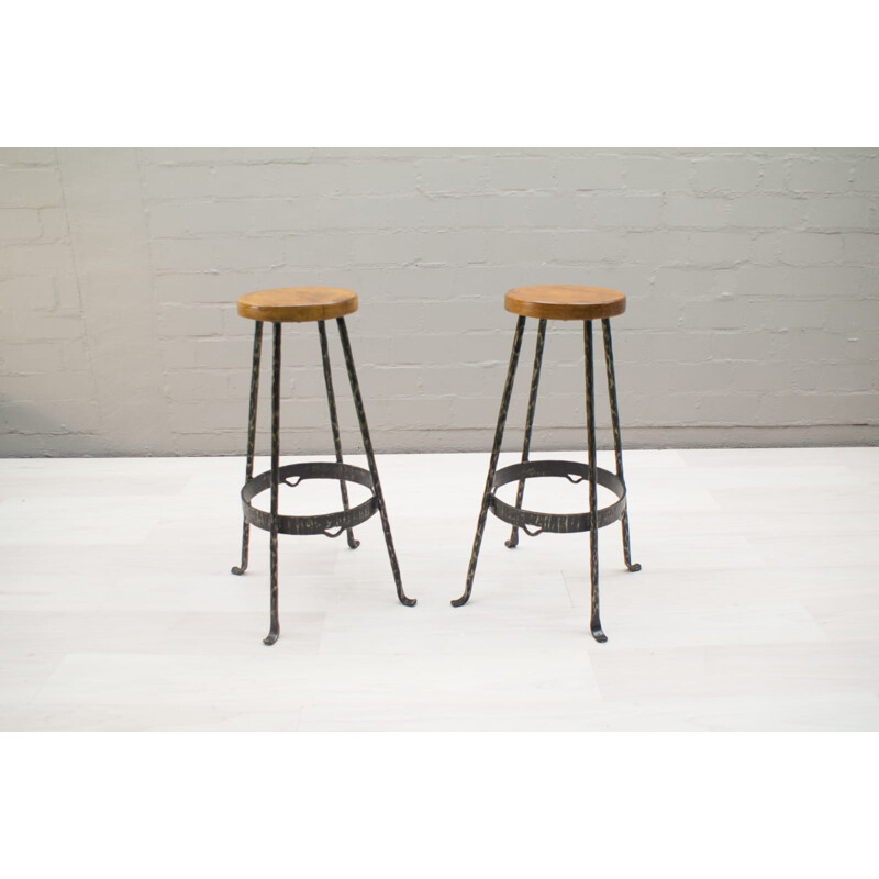 Pair of vintage wood and iron stools, 1960