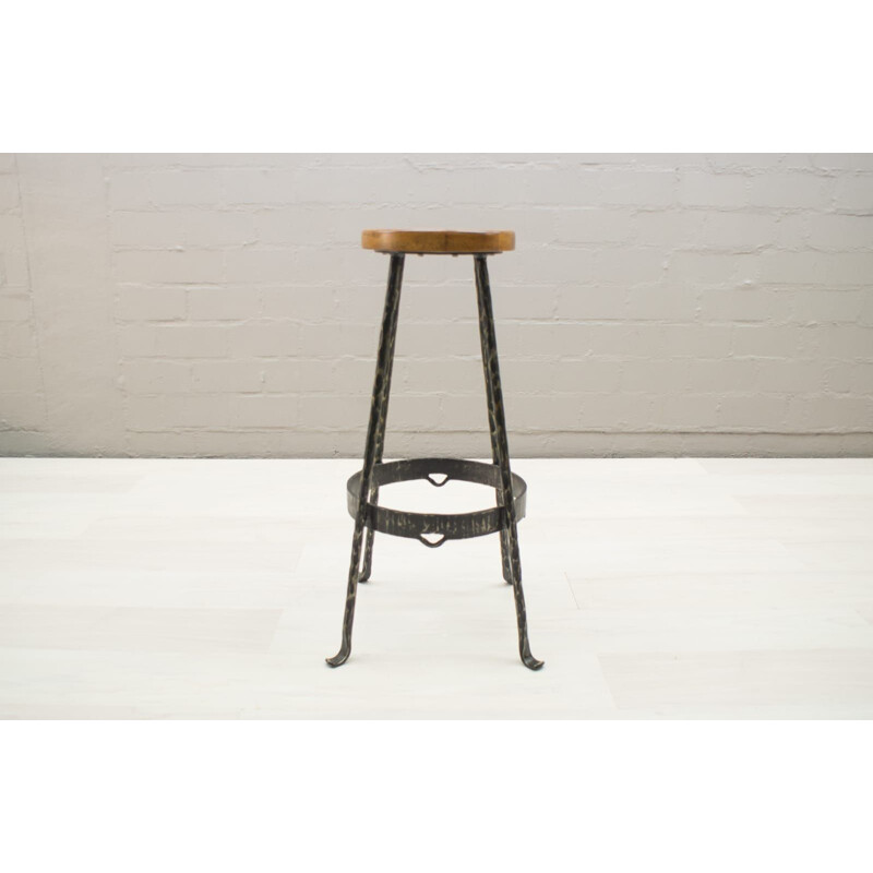 Pair of vintage wood and iron stools, 1960