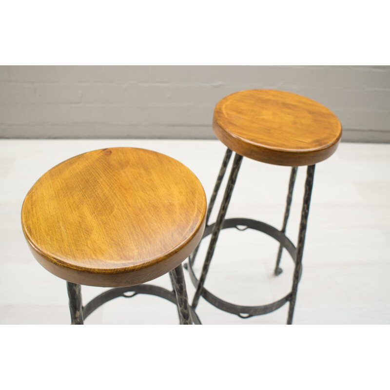 Pair of vintage wood and iron stools, 1960