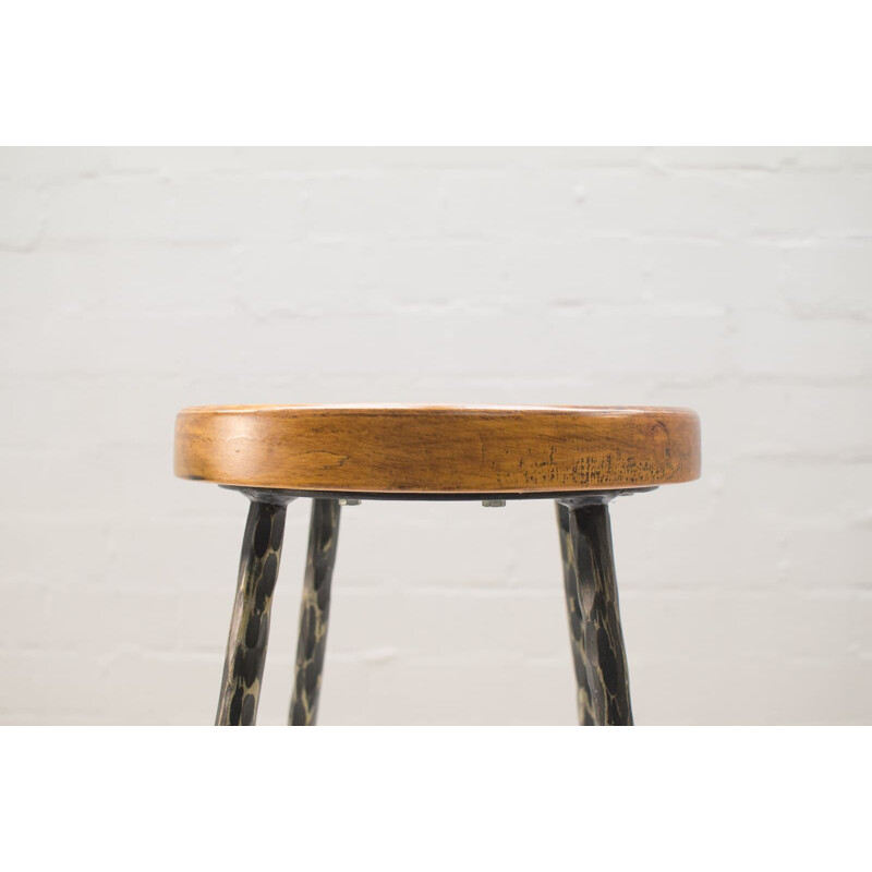 Pair of vintage wood and iron stools, 1960