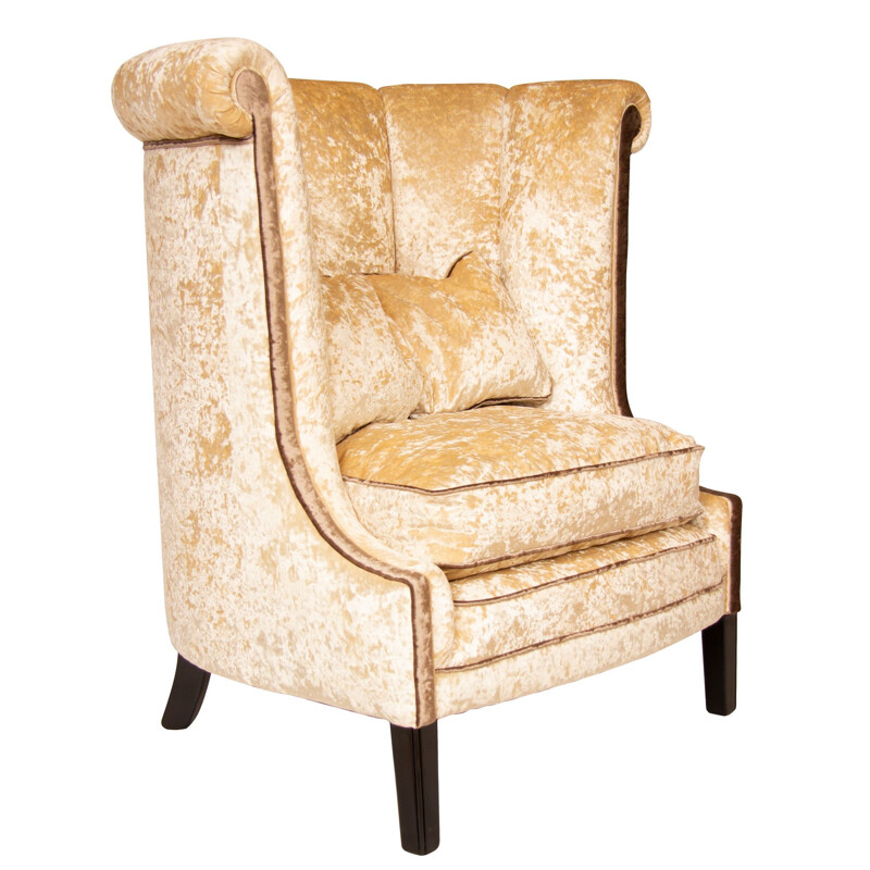 Vintage french roll top high back armchair in beige velvet 1930s