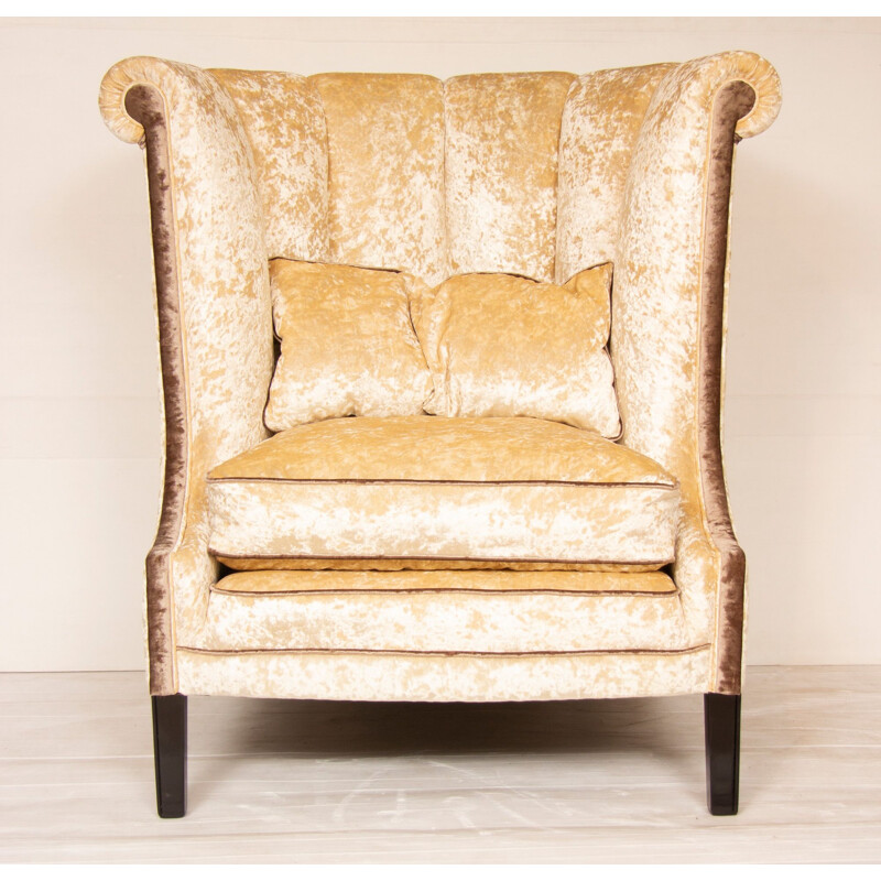 Vintage french roll top high back armchair in beige velvet 1930s