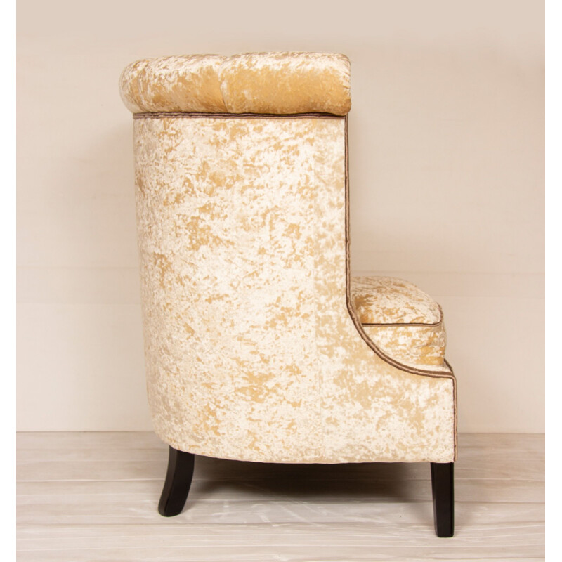 Vintage french roll top high back armchair in beige velvet 1930s
