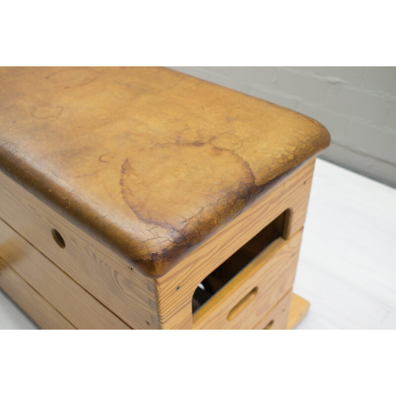 Vintage german gym bench in wood and leather 1970