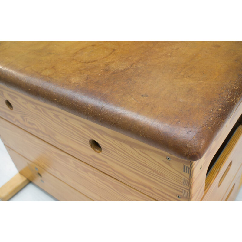 Vintage german gym bench in wood and leather 1970