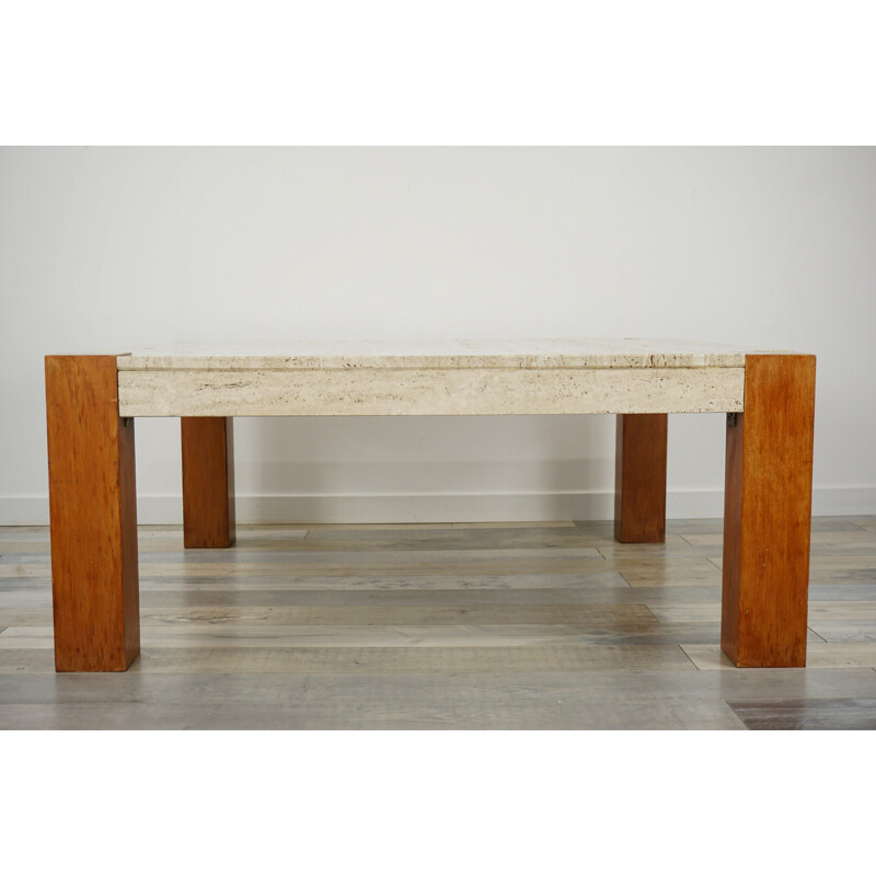 Vintage coffee table in travertine and teak 1960s