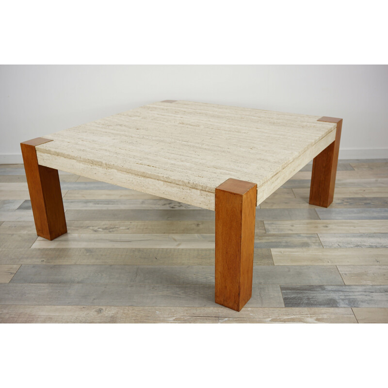 Vintage coffee table in travertine and teak 1960s