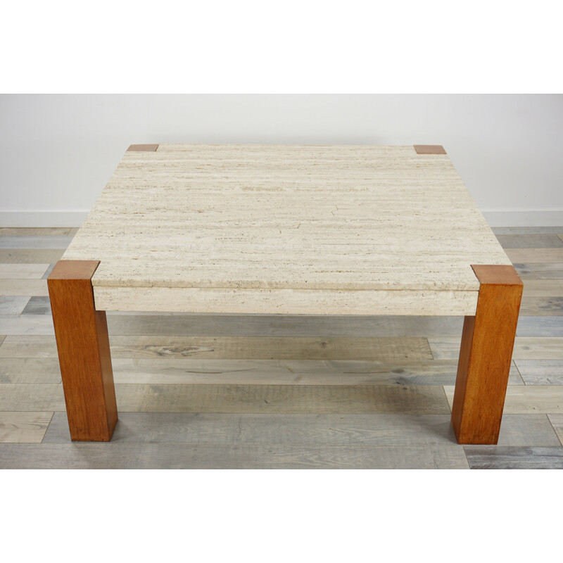 Vintage coffee table in travertine and teak 1960s