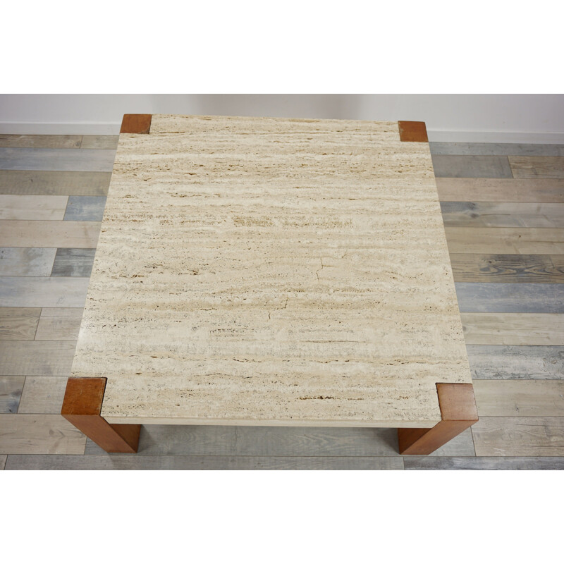 Vintage coffee table in travertine and teak 1960s