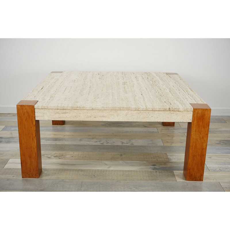 Vintage coffee table in travertine and teak 1960s