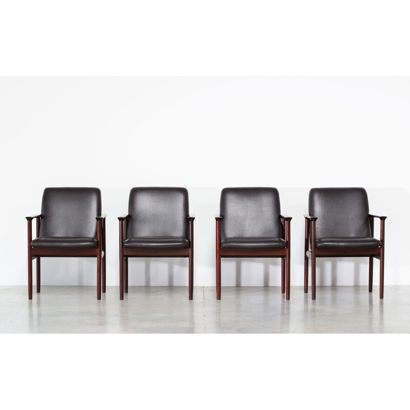 Set of 4 vintage armchairs leather and rosewood Scandinavian 1960s