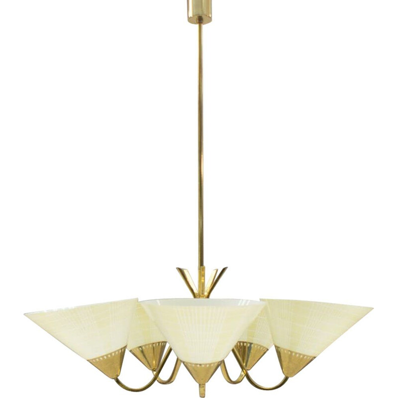 Lámpara de techo alemana vintage de cristal y latón 1950