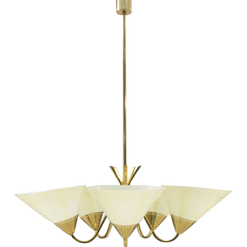 Lampada da soffitto tedesca d'epoca in vetro e ottone 1950