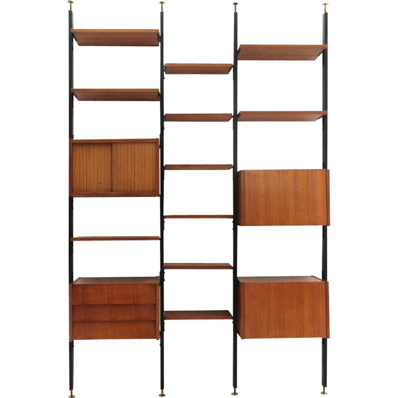 Vintage wall unit in wood and black metal Italy 1960s