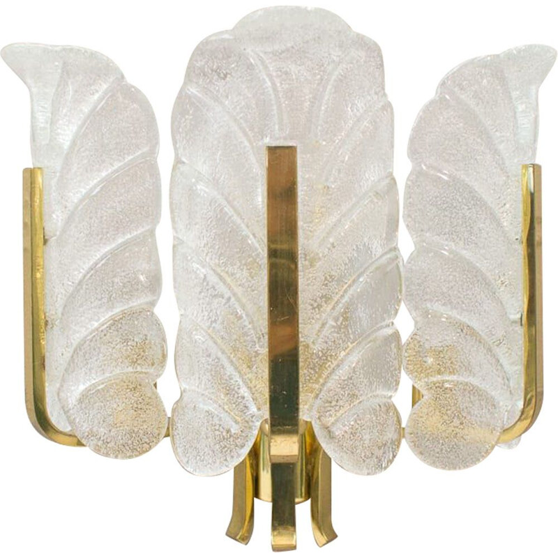 Vintage glass leaves and brass wall lamp by Carl Fagerlund for Orrefors