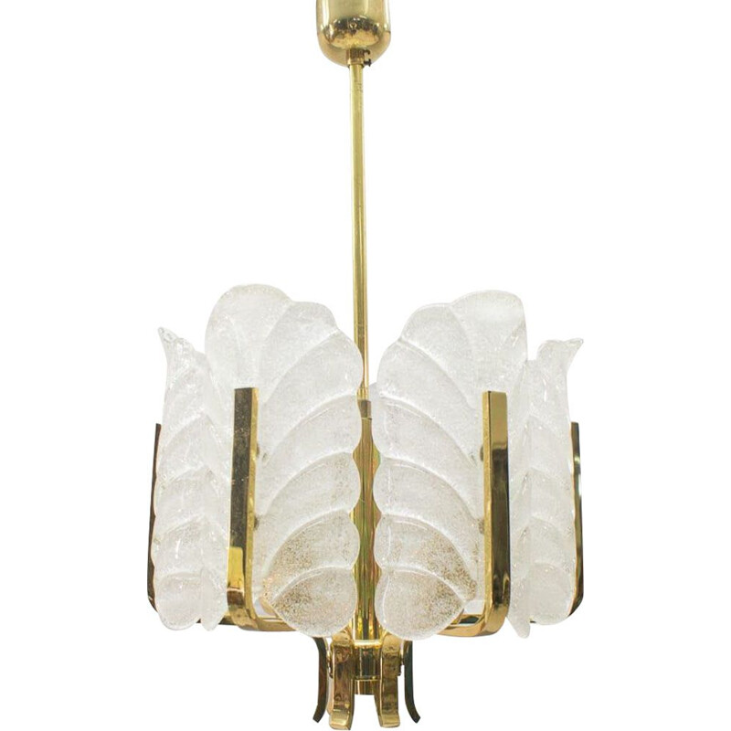 Vintage glass leaves and brass chandelier by Carl Fagerlund for Orrefors