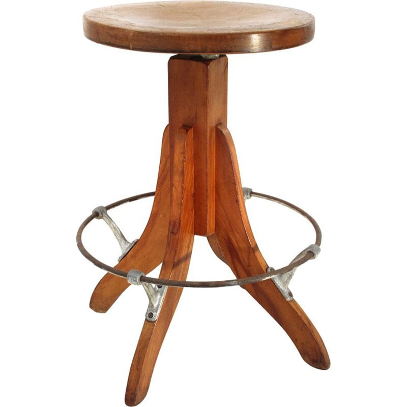 Tabouret vintage italien en bois industriel des années 50