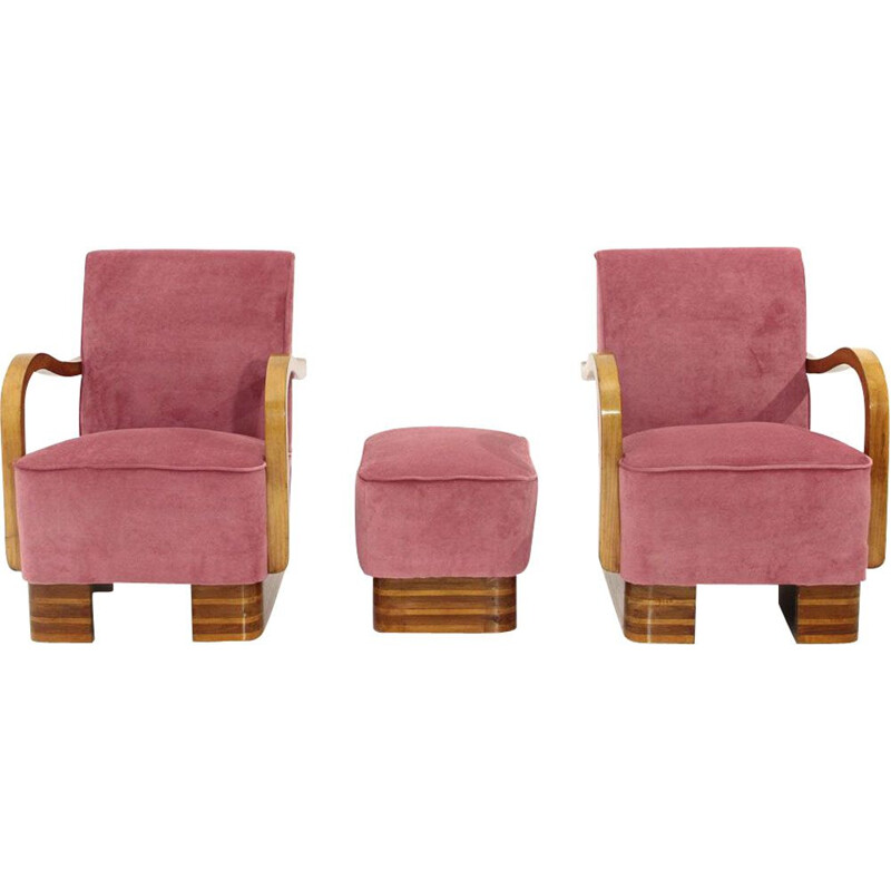 Pair of vintage pink velvet italian armchairs and pouf,1940