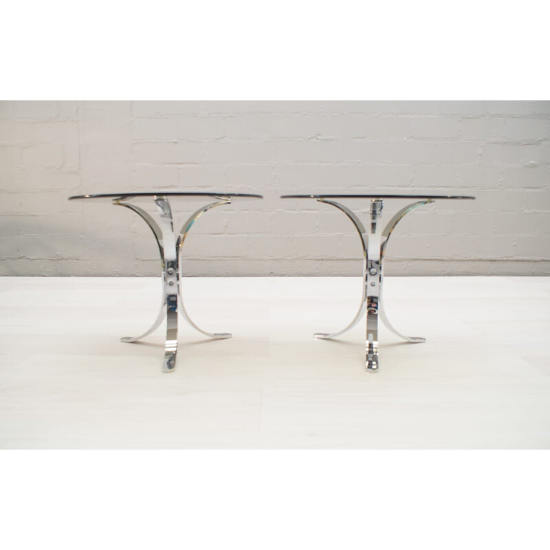 Set of 2 vintage German chrome and smoked glass side tables from Ronald Schmitt