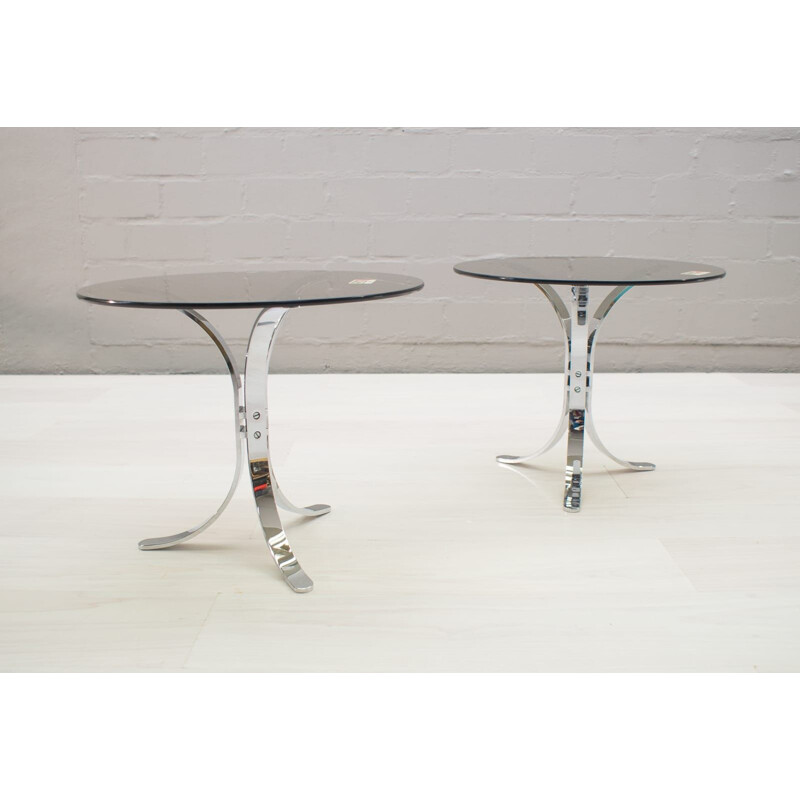 Set of 2 vintage German chrome and smoked glass side tables from Ronald Schmitt