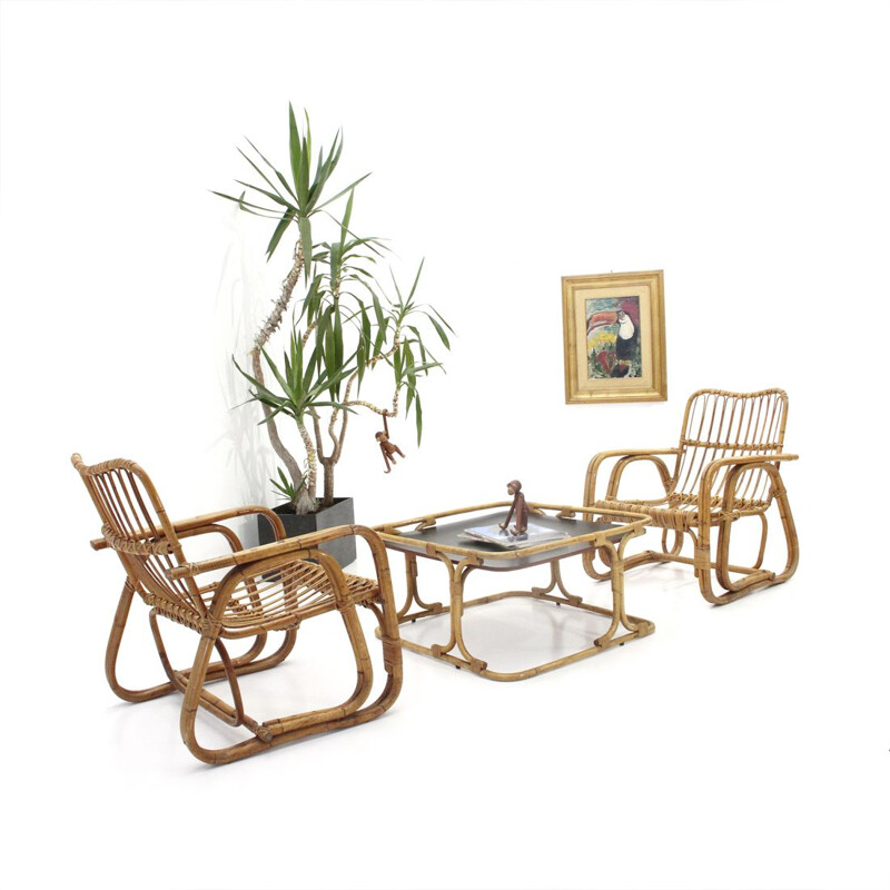 Italian coffee table in bamboo and rattan