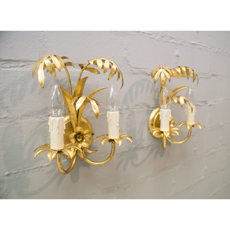 Pair of vintage Palm tree sconces in gold by Hans Kögl