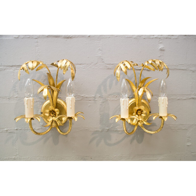 Pair of vintage Palm tree sconces in gold by Hans Kögl