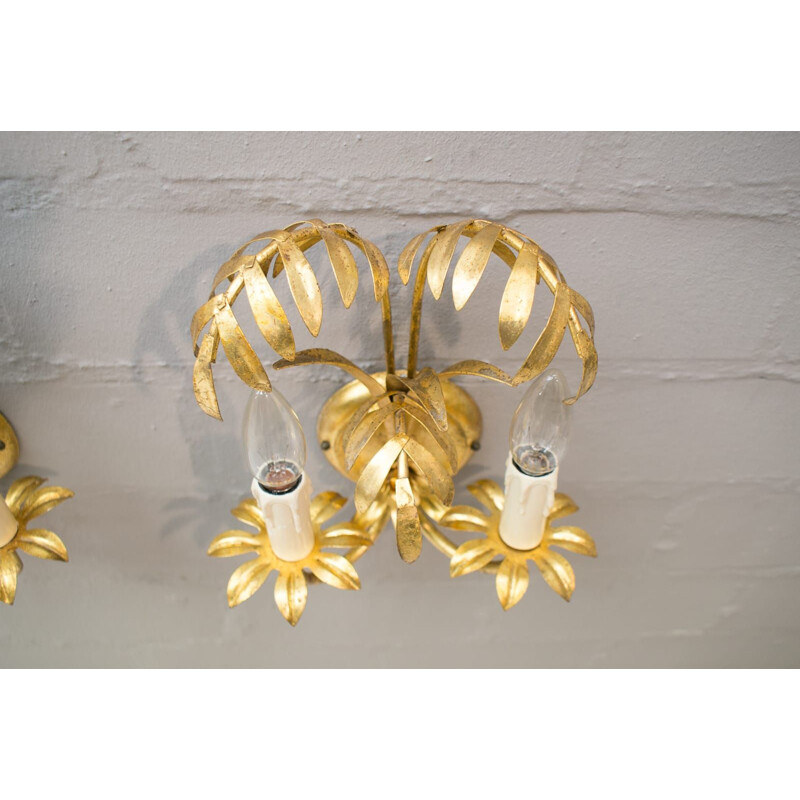 Pair of vintage Palm tree sconces in gold by Hans Kögl