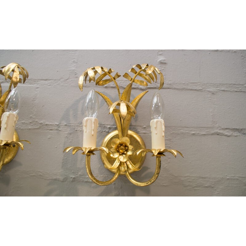 Pair of vintage Palm tree sconces in gold by Hans Kögl