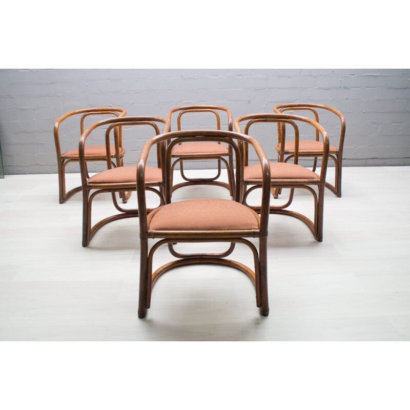 Set of 6 Italian chairs in bamboo and fabric