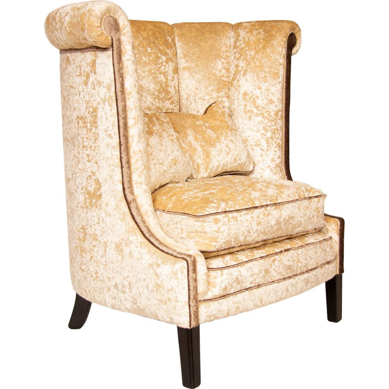 Vintage french roll top high back armchair in beige velvet 1930s