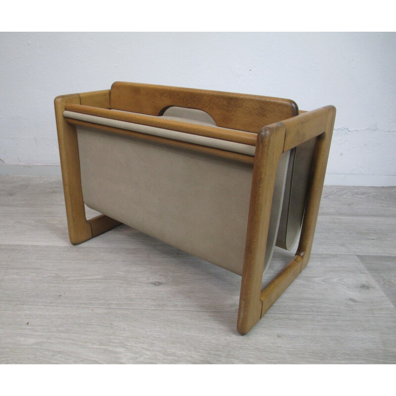 Vintage magazine rack in solid wood and suede, Germany 1970