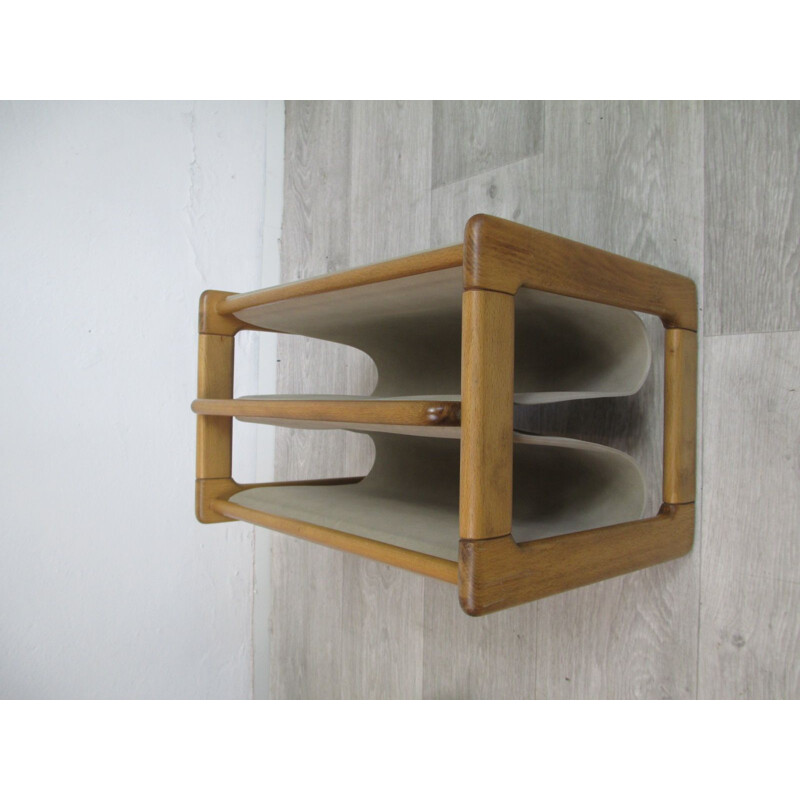 Vintage magazine rack in solid wood and suede, Germany 1970