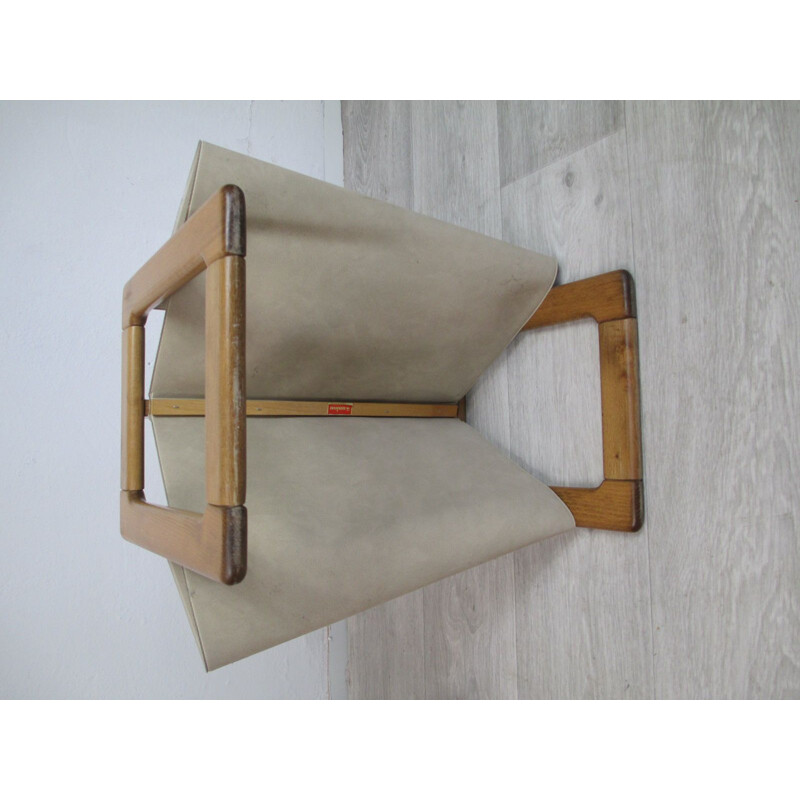 Vintage magazine rack in solid wood and suede, Germany 1970